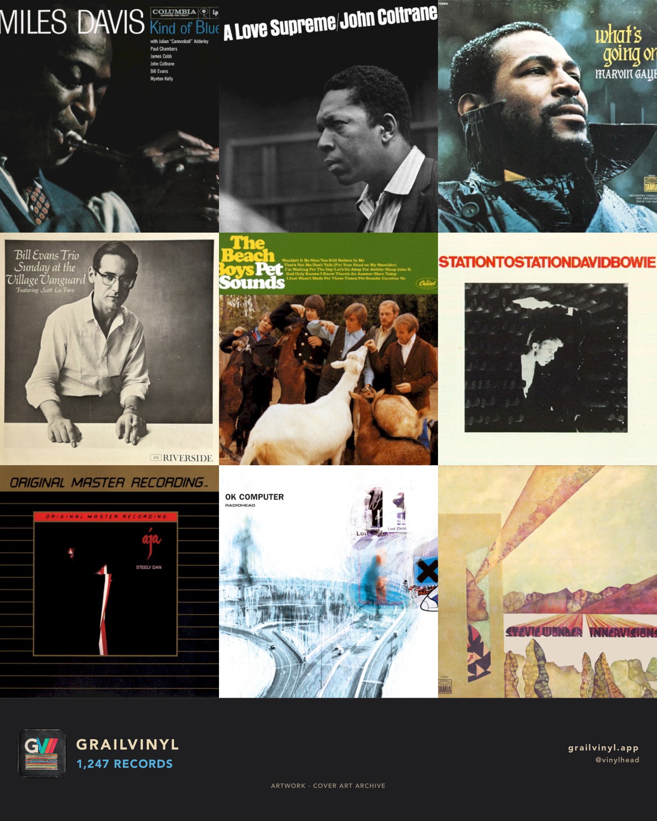 GrailVinyl cover-grid share card — a wall of album covers from your collection