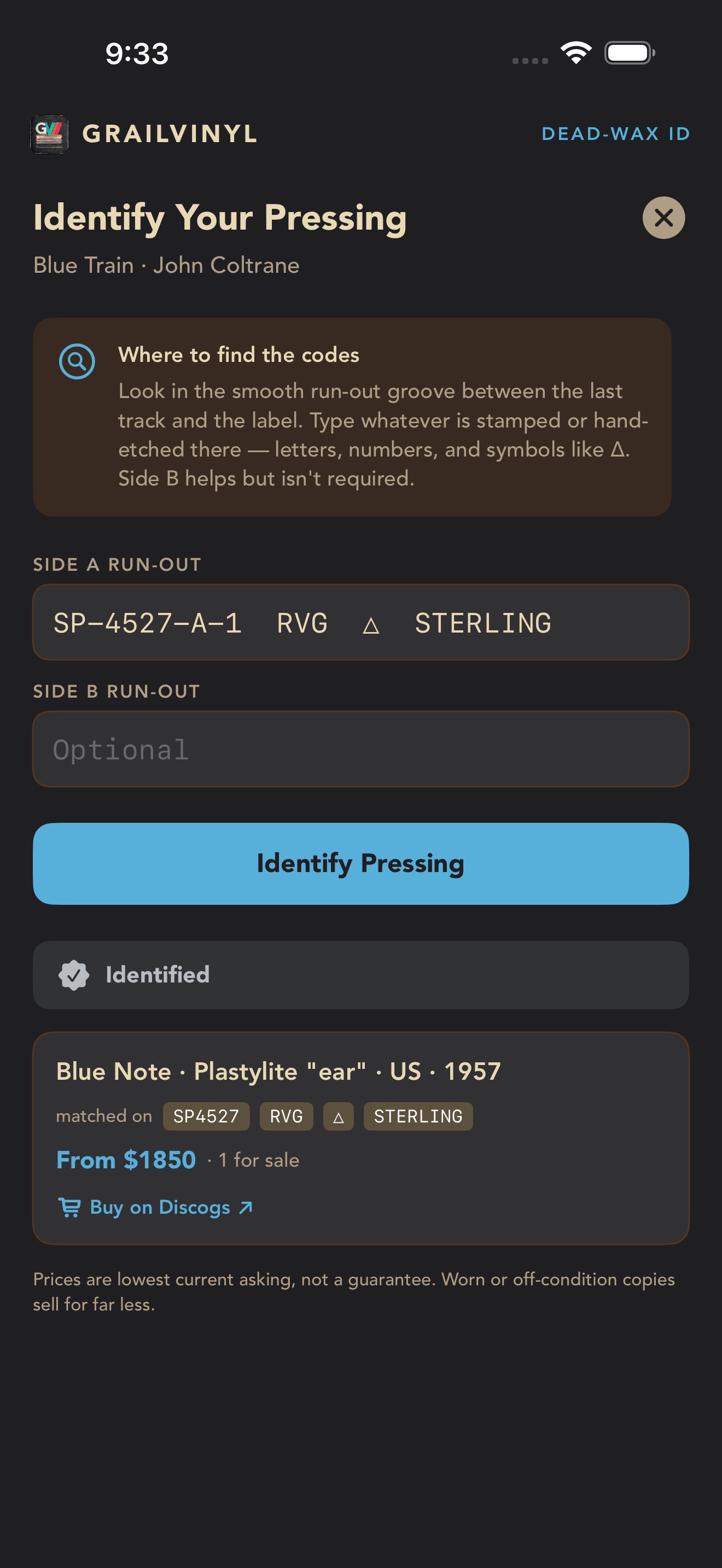 GrailVinyl dead-wax identification: type the run-out codes etched in the groove and the app names your exact pressing — Blue Note Plastylite, US 1957 — with its value