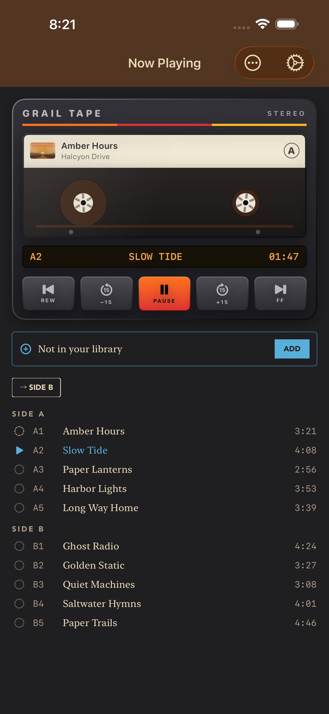 Grail Tape — a Walkman-style cassette deck playing a tape from your collection