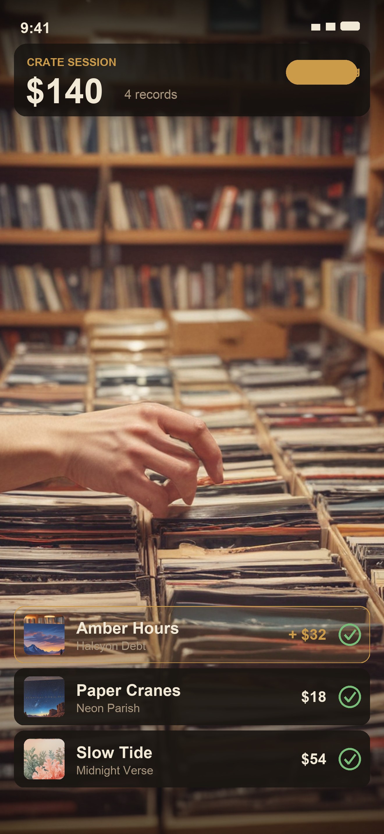 Flipping through a crate of records while GrailVinyl identifies each one and tallies the value in real time