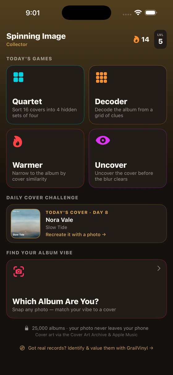 Spinning Image — today's five music games and your daily streak