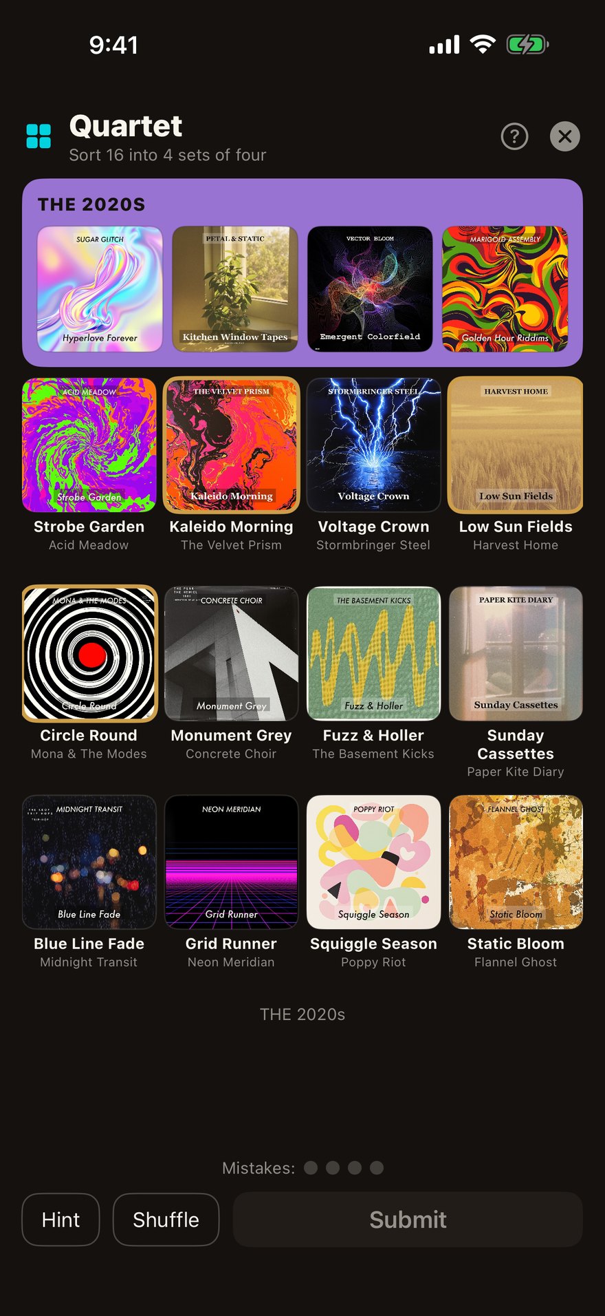 Quartet — sixteen album covers to sort into four hidden groups