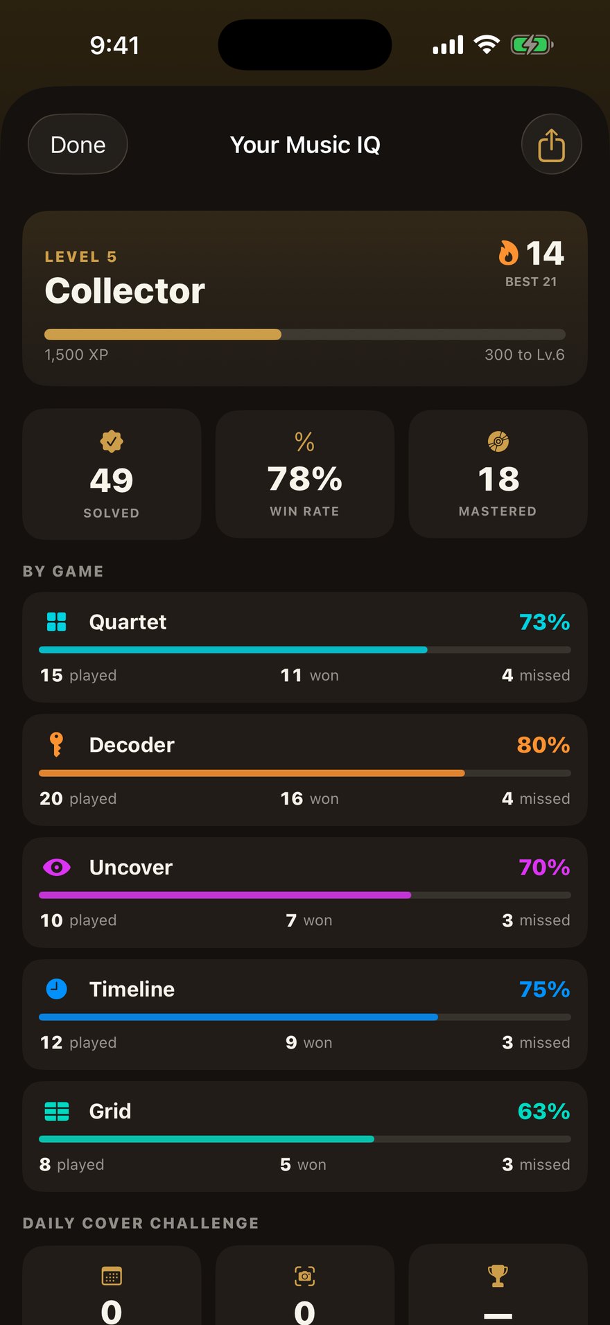 Music IQ — your streak, level, win rate and mastered albums