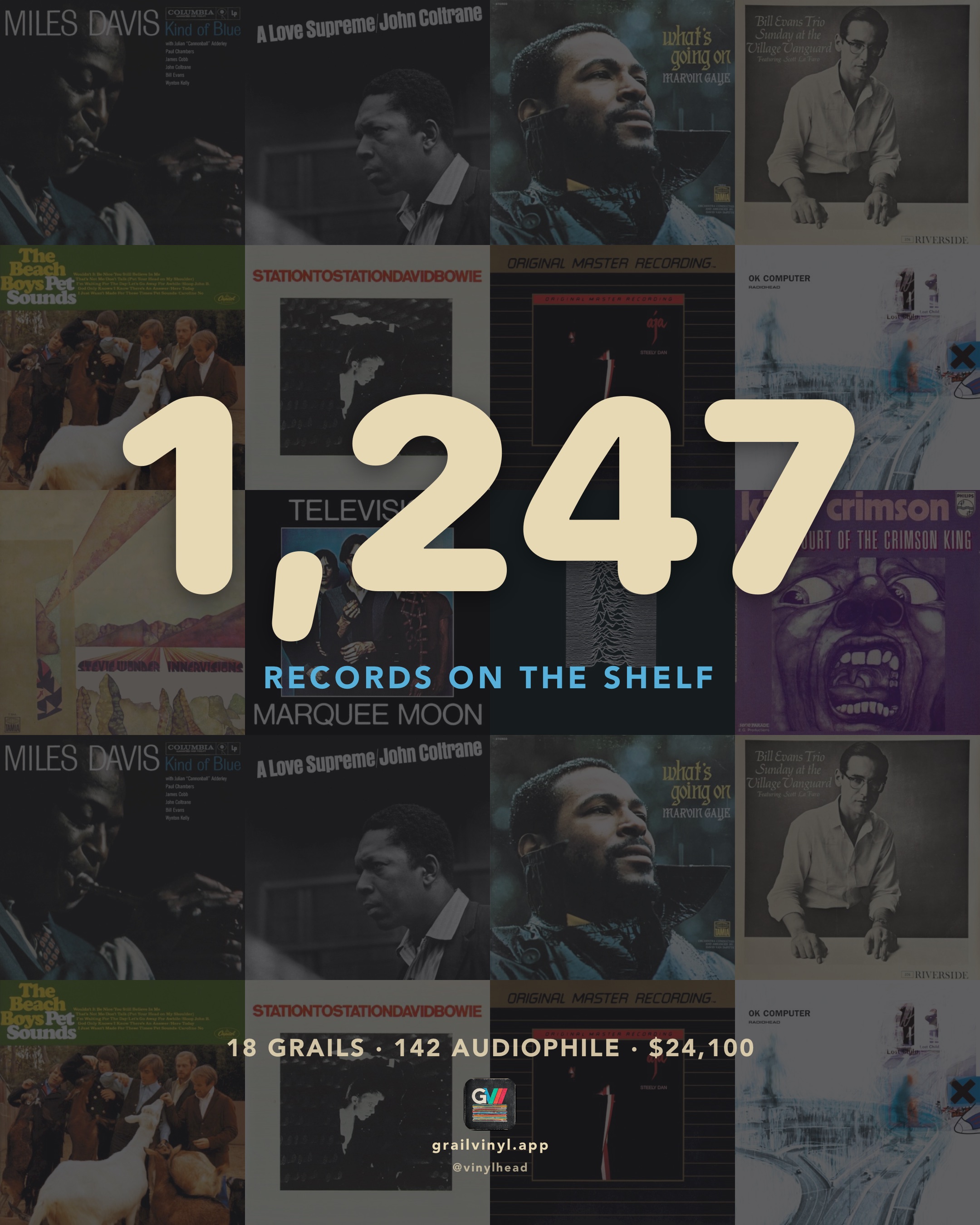 GrailVinyl share card with your collection stats — records, value, and grails