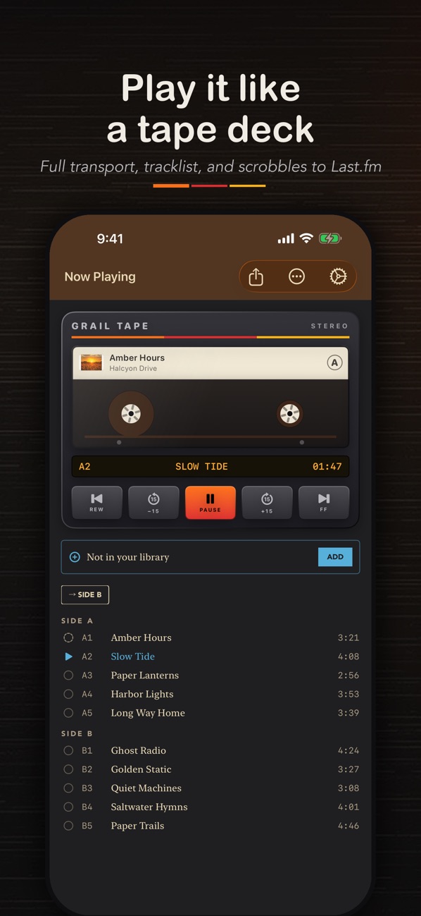 Grail Tape — a Walkman-style cassette deck playing a tape from your collection